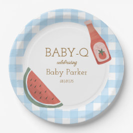 Blaue Gingham Baby-Q Runde Platte Pappteller