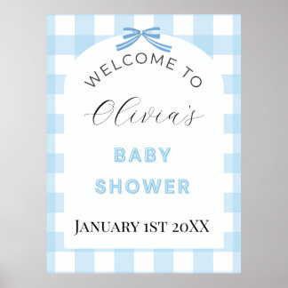 Blaue Gingham-Baby-Shower-Willkommensschild Poster