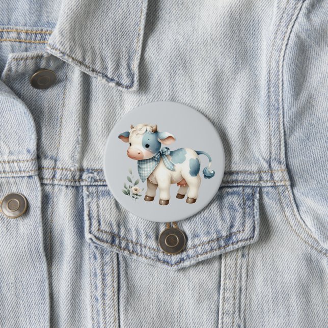 Blaue Gingham-Babykuh Pastell-Farm-Ästhetik Button (Beispiel)