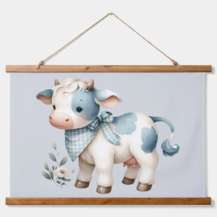 Blaue Gingham-Babykuh Pastell-Farm-Ästhetik Wandteppich Mit Holzrahmen