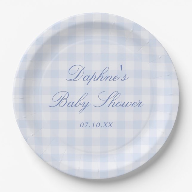 Blaue Gingham-Babyparty Pappteller (Vorderseite)