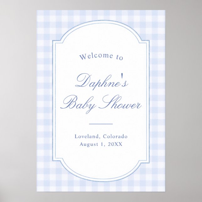 Blaue Gingham-Babyparty Poster (Vorne)