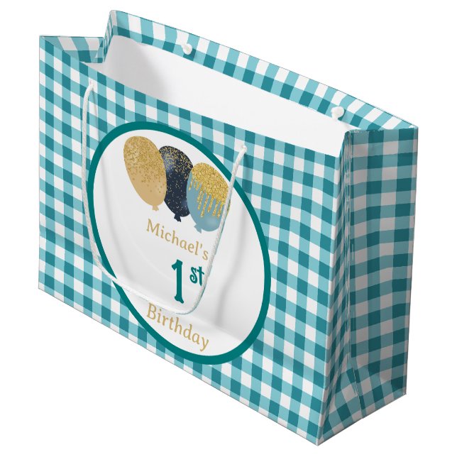 Blaue Gingham-Balloons Benutzerdefinierte Mehrfach Große Geschenktüte (Vorderseite Schrägansicht)