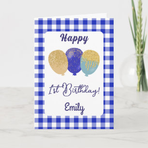 Blaue Gingham-Balloons Kinder Geburtstagsgruß Karte