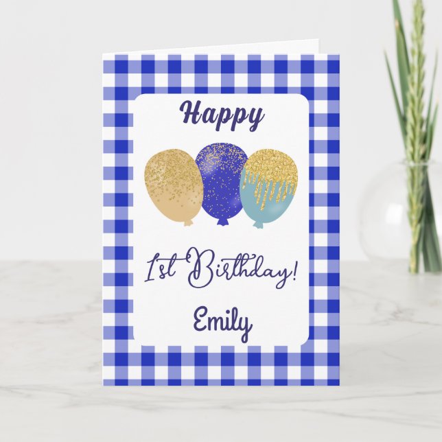 Blaue Gingham-Balloons Kinder Geburtstagsgruß Karte (Vorderseite)