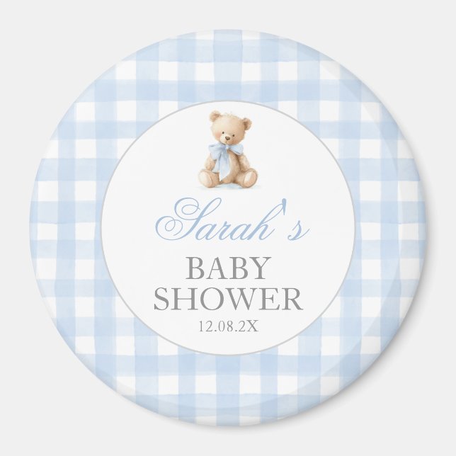 Blaue Gingham-Bär-Baby-Party Magnet (Vorne)