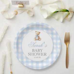 Blaue Gingham-Bär-Baby-Party Pappteller