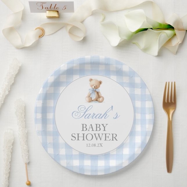 Blaue Gingham-Bär-Baby-Party Pappteller (Hochzeit)