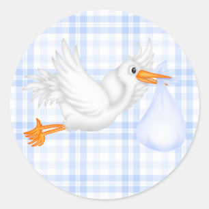 Blaue Gingham Blau Storch Baby Shower Aufkleber