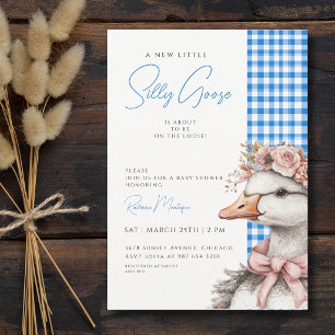 Blaue Gingham-Blumen-Schleife-Babyparty Silly Goos Einladung