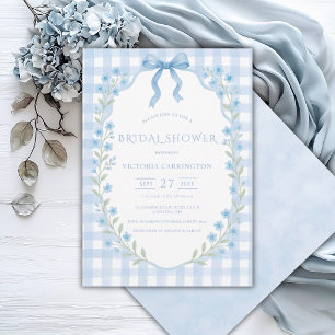 Blaue Gingham-Blumen-Vintage-Brautparty Einladung