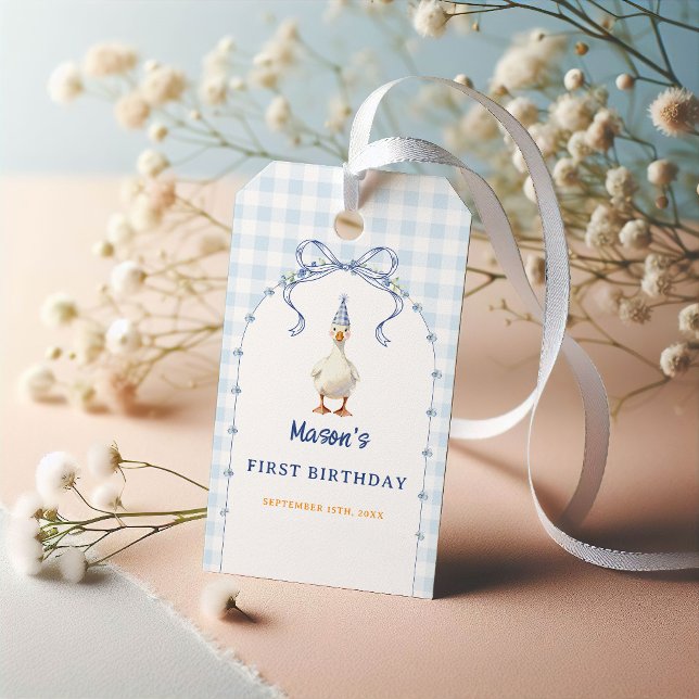 Blaue Gingham-Blumenbogen-Junge-Erstes-Geburtstag Geschenkanhänger (Von Creator hochgeladen)