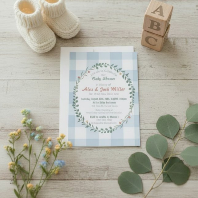 Blaue Gingham-Botanik-Kranz-Baby-Party (Von Creator hochgeladen)