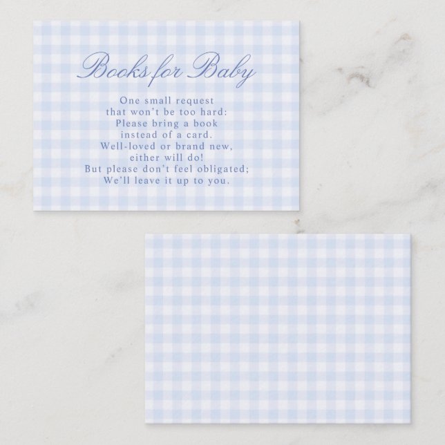 Blaue Gingham-Bücher-Babyparty Begleitkarte (Vorne/Hinten)