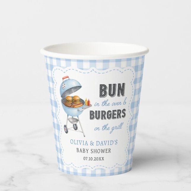 Blaue Gingham-Burger-BBQ-Baby-Shower-Papierbecher Pappbecher (Vorderseite)