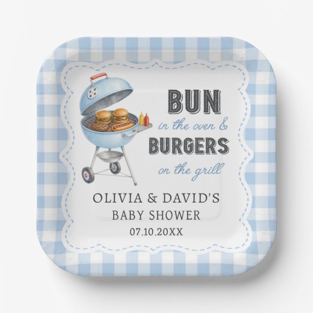 Blaue Gingham-Burger-BBQ-Baby-Shower-Papierteller Pappteller (Vorderseite)
