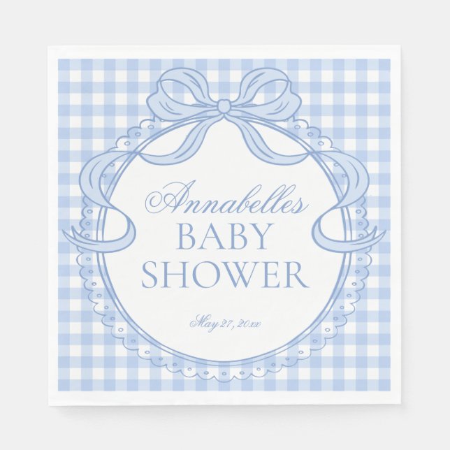 Blaue Gingham Coquette Bogen Babyparty-Dessert Serviette (Vorderseite)