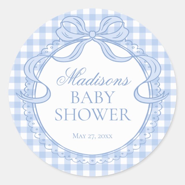 Blaue Gingham Coquette-Bogen-Babyshower-Siegel Runder Aufkleber (Vorderseite)