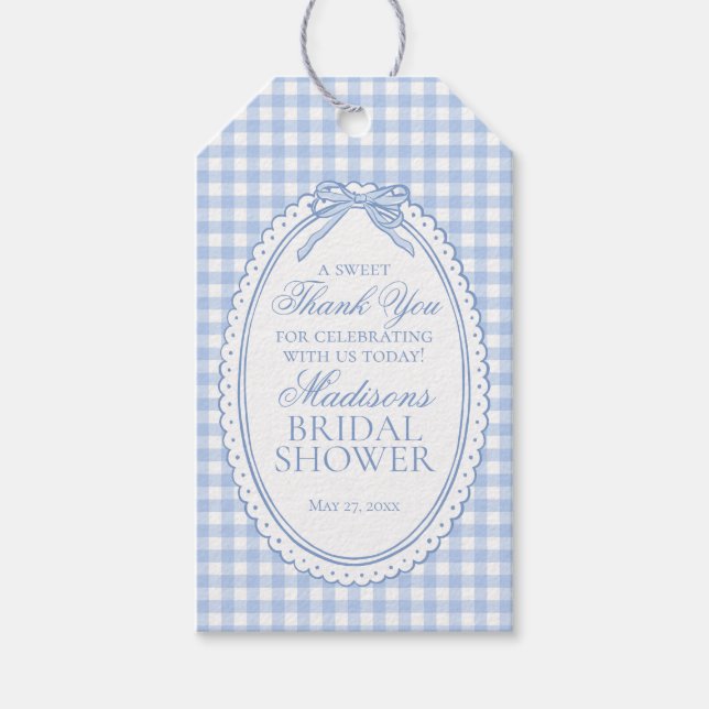 Blaue Gingham Coquette Bogen Hochzeitsdusche Gesch Geschenkanhänger (Vorderseite)