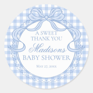 Blaue Gingham Coquette-Schleife Baby Shower Gesche Runder Aufkleber