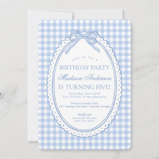Blaue Gingham Coquette Schleife Geburtstagsfeier Einladung