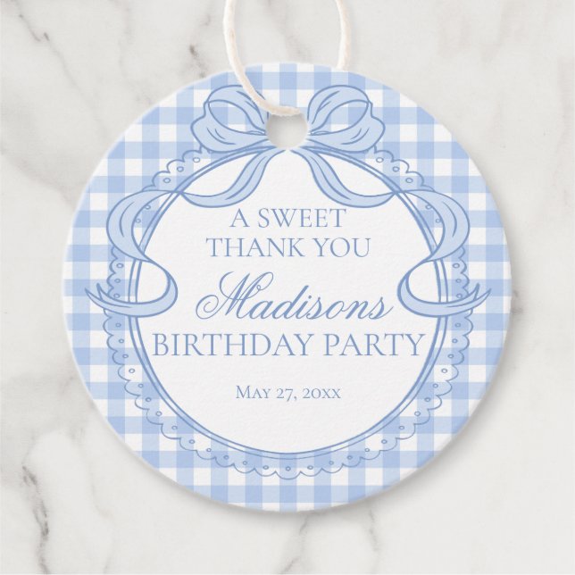 Blaue Gingham Coquette Schleife Geburtstagsfeier K Geschenkanhänger (Vorderseite)