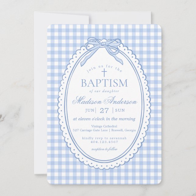 Blaue Gingham Coquette Schleife Taufe Einladung (Vorderseite)