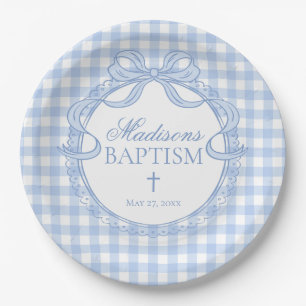 Blaue Gingham Coquette Schleife Taufe Pappteller