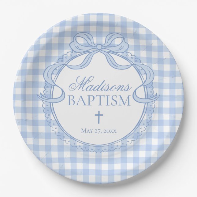Blaue Gingham Coquette Schleife Taufe Pappteller (Vorderseite)