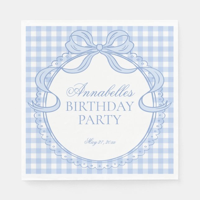 Blaue Gingham Coquette Schleifen Geburtstagsfeier  Serviette (Vorderseite)