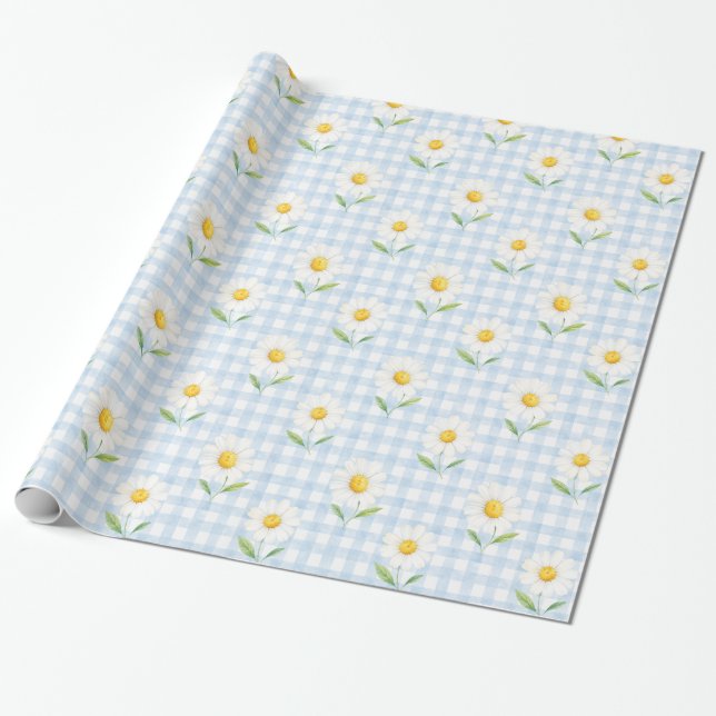 Blaue Gingham-Daisy-Aquarell-Blumen-Geschenkverpac Geschenkpapier (Ungerollt)