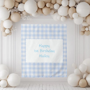 Blaue Gingham-Einladung zum ersten Geburtstag Wandteppich