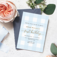 Blaue Gingham-Einladung zur ersten Geburtstagsfeie