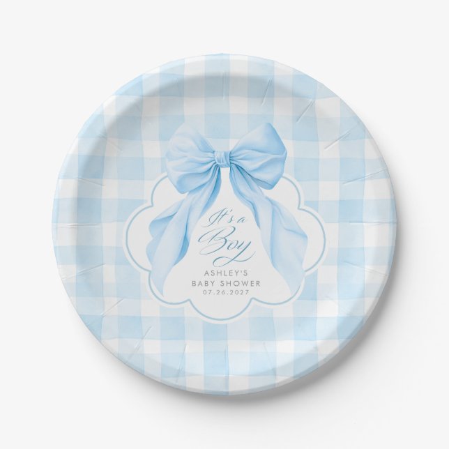 Blaue Gingham Elegante Bogen Baby-Party Pappteller (Vorderseite)