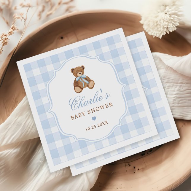 Blaue Gingham Elegante Teddybär-Baby-Party Serviette (Von Creator hochgeladen)