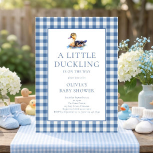 Blaue Gingham-Enten-Baby-Party Einladung