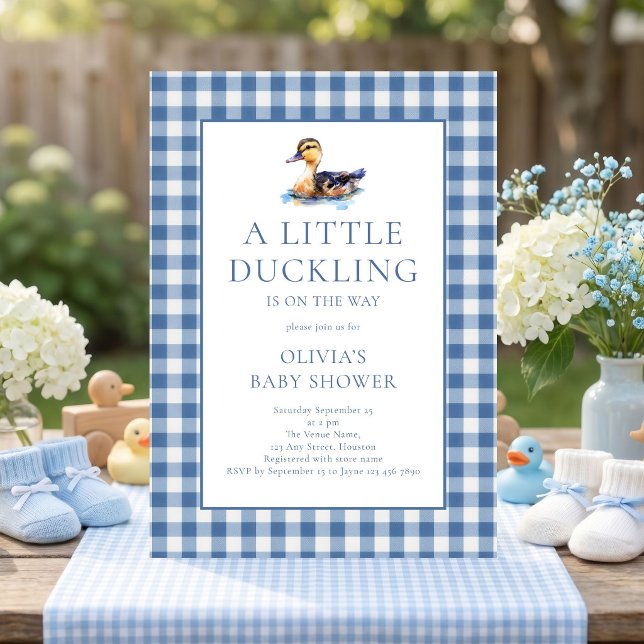 Blaue Gingham-Enten-Baby-Party Einladung (Von Creator hochgeladen)