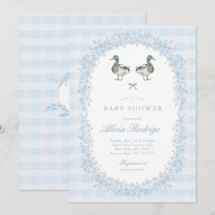 Blaue Gingham-Enten-Baby-Party-Einladung Einladung