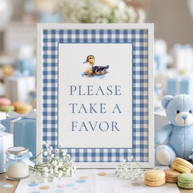 Blaue Gingham-Enten-Geschenk Baby Shower Schild (Von Creator hochgeladen)