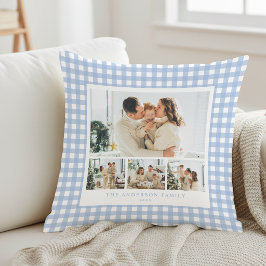 Blaue Gingham-Familienfoto-Collage Kissen