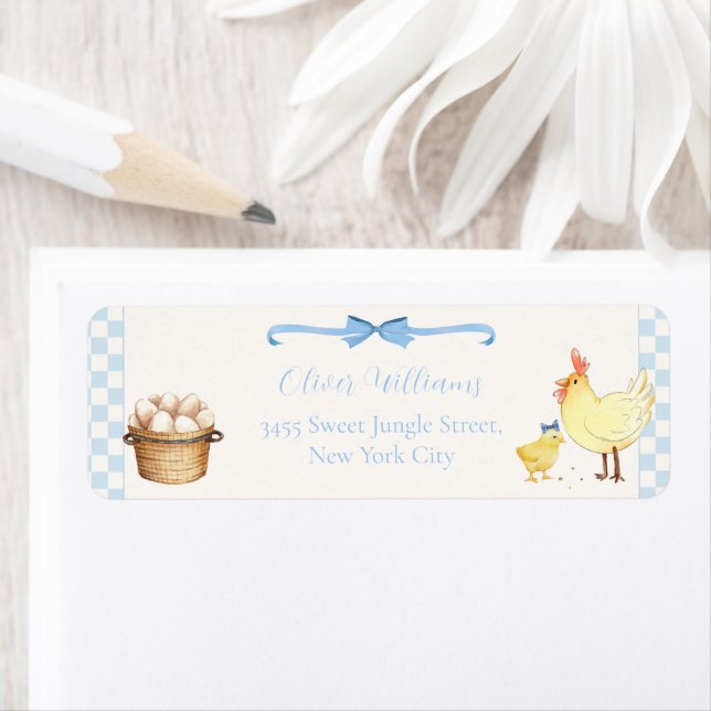 Blaue Gingham Farm Chick Baby Shower Rücksendeadre (Insitu)