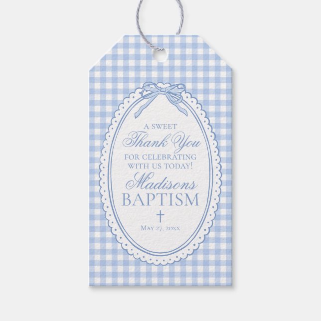 Blaue Gingham Flirt Bow Taufgeschenke Geschenkanhänger (Vorderseite)