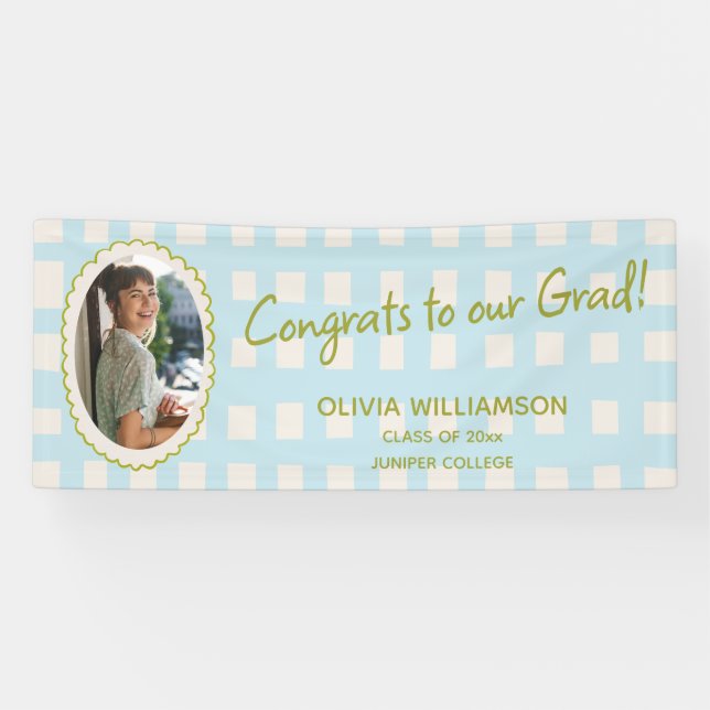 Blaue Gingham-Foto-Gratulations-Graduierungsfeier Banner (Horizontal)