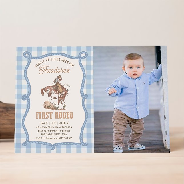 Blaue Gingham-Foto zum ersten Rodeo Einladung (Von Creator hochgeladen)