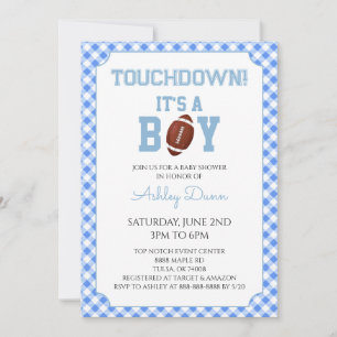 Blaue Gingham-Fußball-Baby-Party Einladung