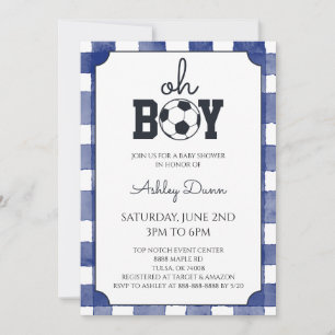 Blaue Gingham-Fußball-Baby-Party Einladung