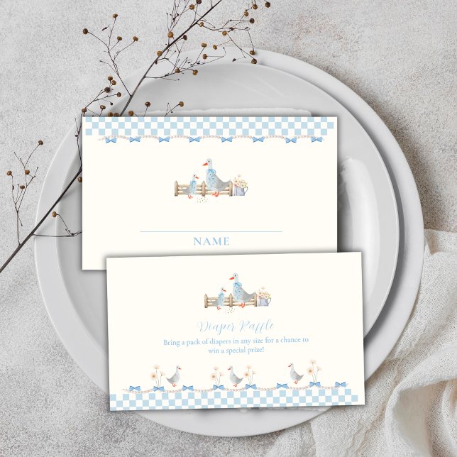 Blaue Gingham-Gans-Windel-Raffel-Baby-Party Begleitkarte (Blue Gingham Goose Diaper Raffle Baby Shower Enclosure Card)