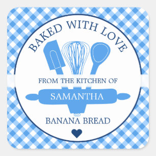 Blaue Gingham Gebacken mit Liebe Bananenbrot Backe Quadratischer Aufkleber