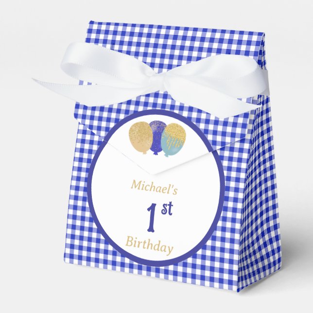 Blaue Gingham-Glitzerballons Luftballons mit 3 ben Geschenkschachtel (Vorderseite)