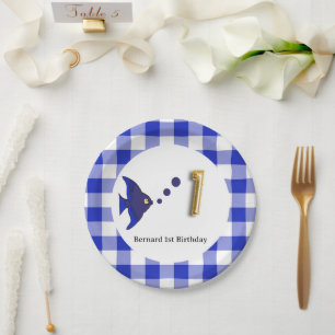Blaue Gingham-Goldfolien-Ballon-Fisch 1. Geburtsta Pappteller